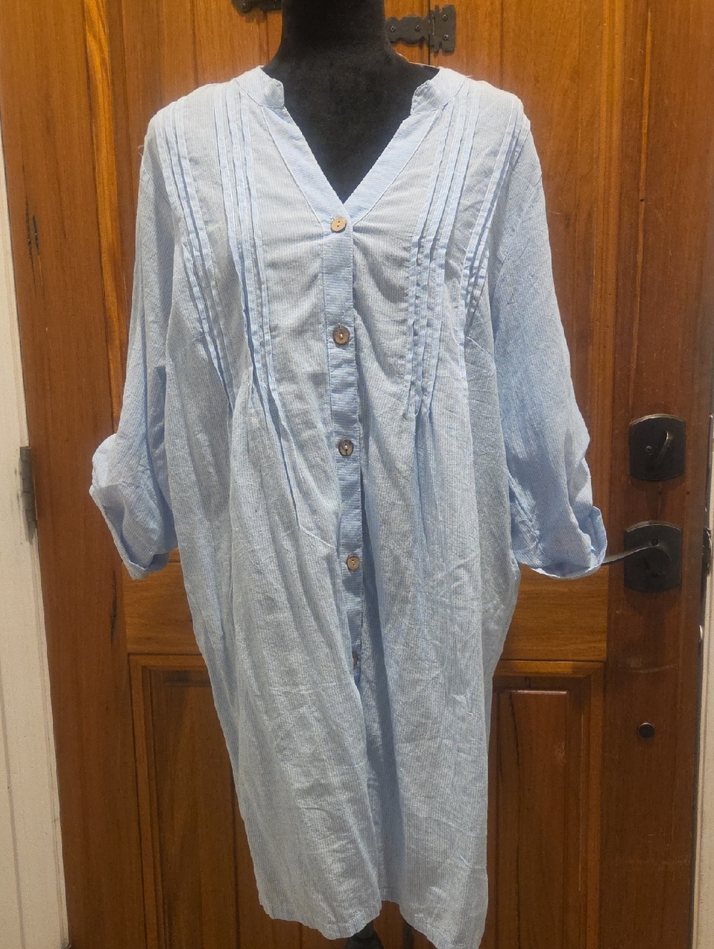 Light Blue Button-Front Linen Blend Women's Dress